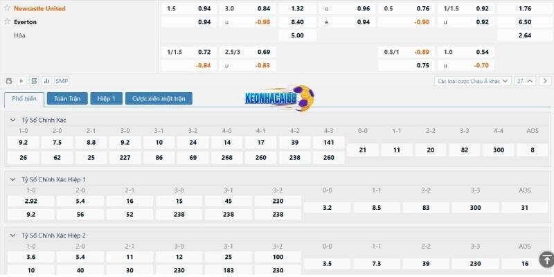 Tỷ lệ kèo trận Newcastle vs Everton