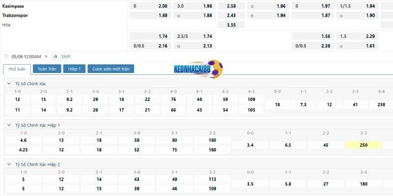 Tỉ lệ kèo trận Kasimpasa vs Trabzonspor