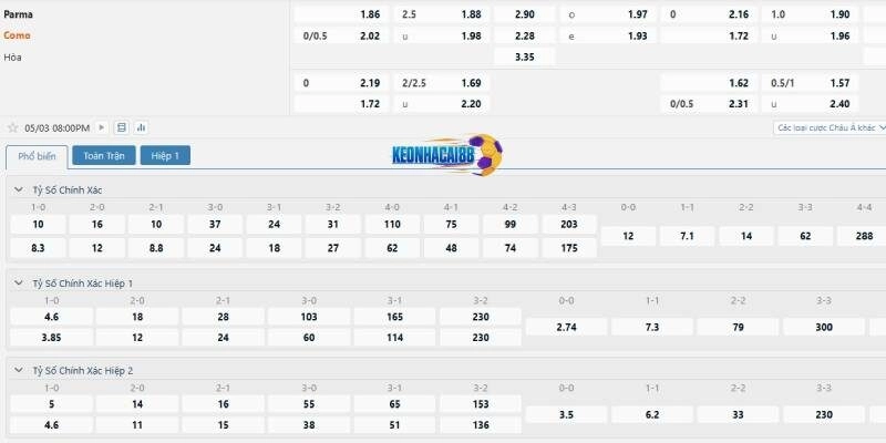 Tỉ lệ kèo trận Parma vs Como